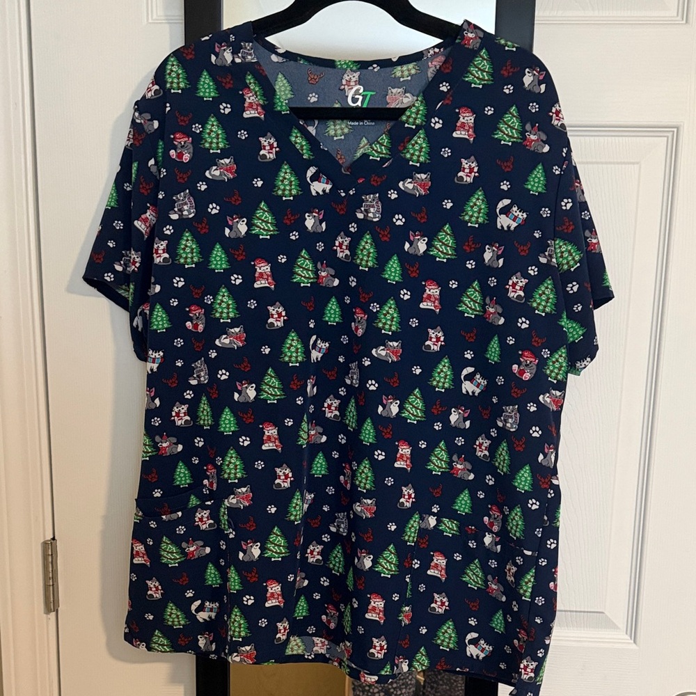 Navy Blue Holiday Print Scrub Top